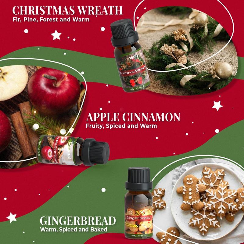 Christmas Fragrance Oils, Premium Essential Oil for Diffuser, Scented Oil Gift Set for Soap Candle Making - Christmas Wreath, Apple Cinnamon, Gingerbread, Candy Cane, Christmas Pudding, Eggnog