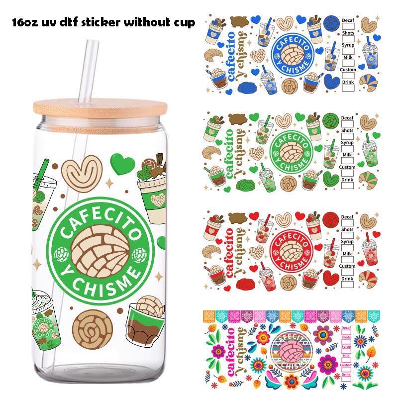 Cartoon Food & Flower Pattern Sticker, 4 Counts Set Coffee Cup UV DTF High Self-adhesive Wrap, Waterproof Decorative Sticker for Coffee Cup, Glass Jar, Bottle, Cup, DIY Decorative Sticker