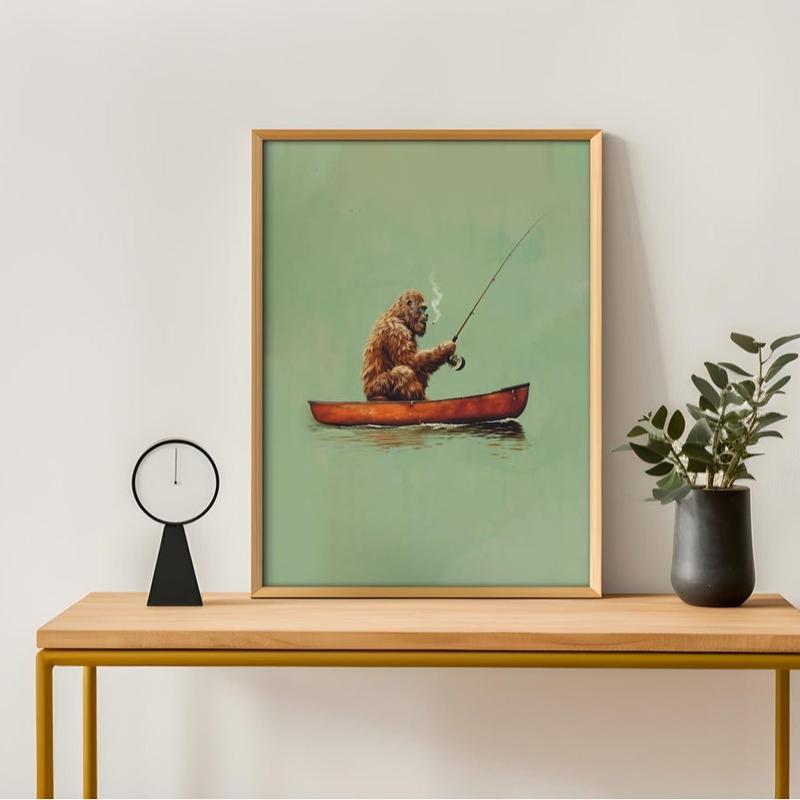 Bigfoot Fishing in Canoe Vintage Poster Art Funny Retro Sasquatch Print Cabin Wall Decor Outdoor Sports Fisherman Illustration Gift for Dad