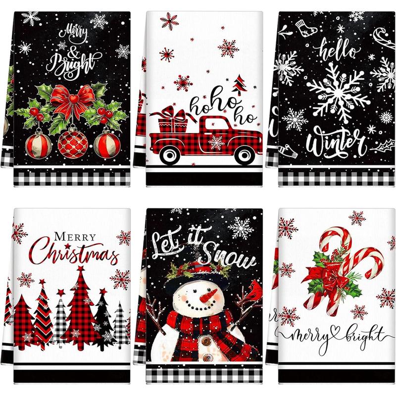 6 Christmas Kitchen Towels Sweet Themed Decorative Snowman Tea Towel Dish Towel Decor for Home Dish and Hand Drying, 6 Styles