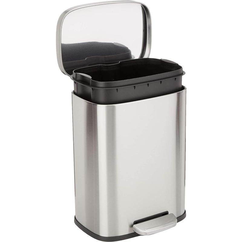 Anti smudging small rectangular trash can with soft closing foot pedal, brushed stainless steel, 5 liters 1.32 gallons, 7.3 x 8.5 x 11.8 inches (length x width x height)