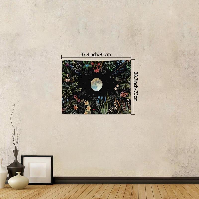 Moonlight Garden Pattern Tapestry, Colorful Floral & Moon Print Tapestry, Wall Hanging Decor for Home Living Room Bedroom, Home Decor