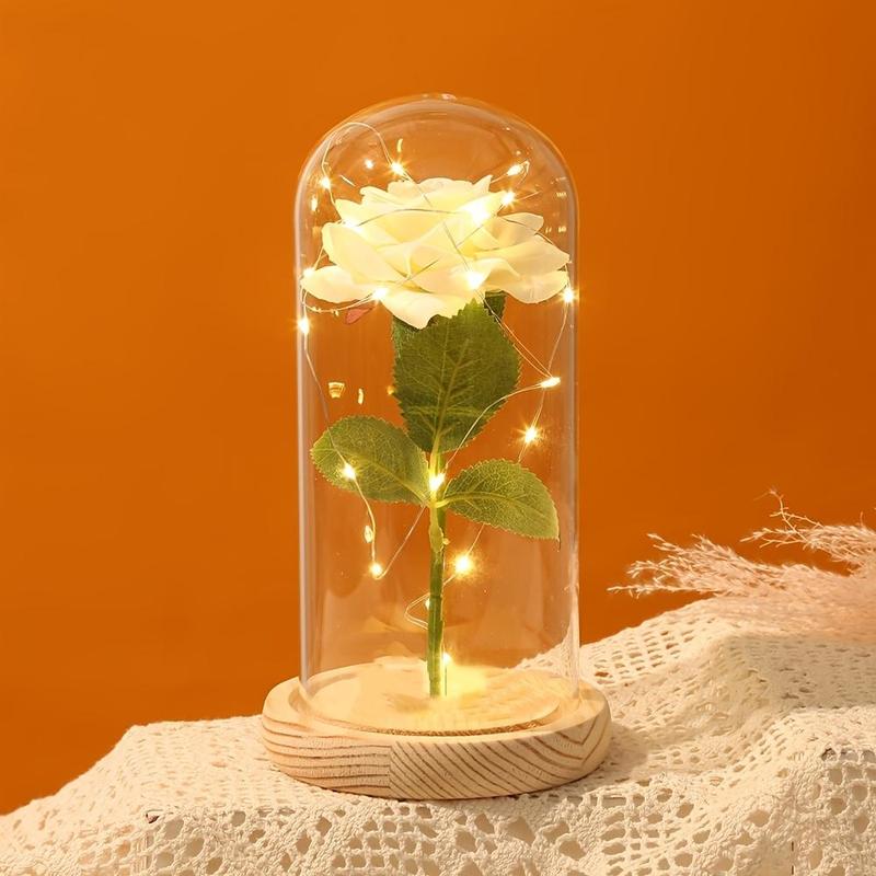 LED Light Artificial Rose Ornaments with Lid, 1 Count Eternal Rose Toy, LED Immortal Flower with Acrylic Cover, Simulation Flower Gifts, Spring Home Decor, Desktop Decorative Ornament, Gifts for Her