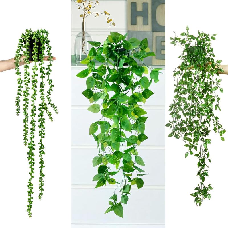 Hanging  6 Pack Artificial Hanging Eucalyptus  Potted Greenery Faux Mandala Vine String of  Boston Fern Ivy Vine Leaves Pea Pod for Home Indoor Outdoor Shelf Wall Decor