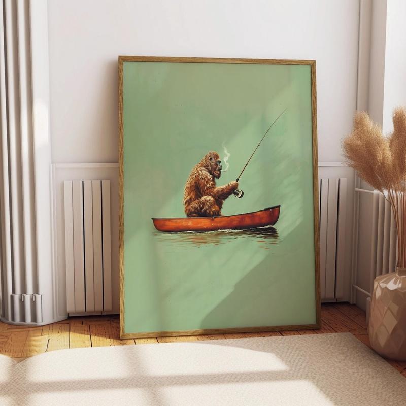 Bigfoot Fishing in Canoe Vintage Poster Art Funny Retro Sasquatch Print Cabin Wall Decor Outdoor Sports Fisherman Illustration Gift for Dad