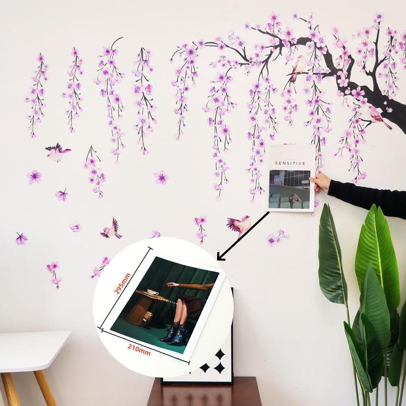 Peach Blossom Tree & Birds Pattern Wall Sticker, 4 Sheets set Flower Self Adhesive Wall Decal, Decorative Sticker for Home Living Room Bedroom