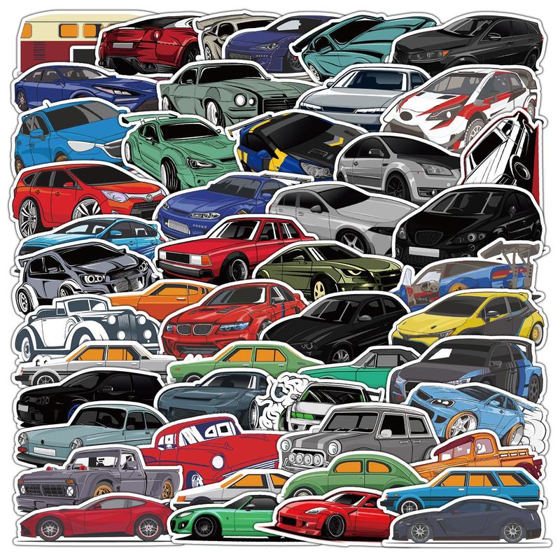 Cartoon Vehicle Series Decorative Stickers, 50pcs Waterproof Sticker Pack for Wall Water Bottle Skateboard Helmet Car Bike Luggage Laptop