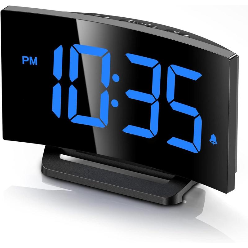 Digital Alarm Clock for Bedrooms, Digital Clock with Modern Curved Design, Conspicuous Blue LED Numbers, 5 Levels Brightness+Off, 2 Volume, 3 Alarm Tones, Snooze, Power-Off Memory, 12 24H