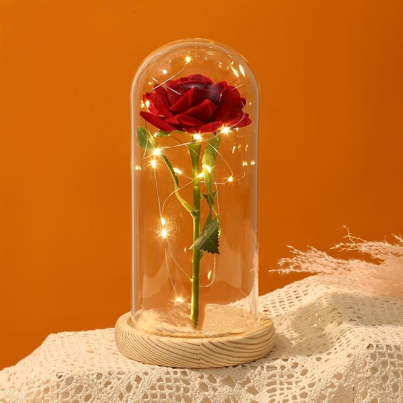 LED Light Artificial Rose Ornaments with Lid, 1 Count Eternal Rose Toy, LED Immortal Flower with Acrylic Cover, Simulation Flower Gifts, Spring Home Decor, Desktop Decorative Ornament, Gifts for Her