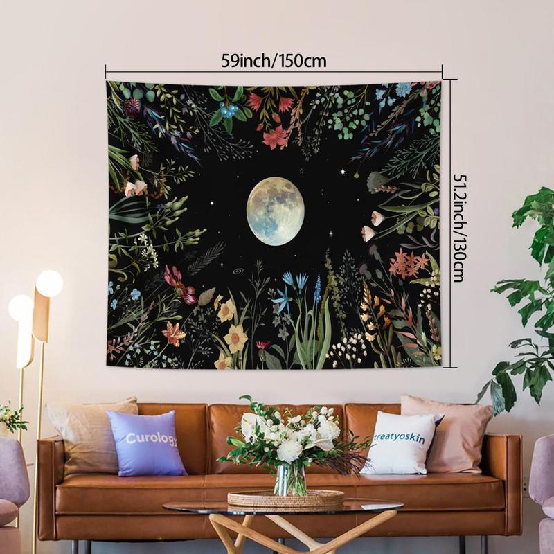 Moonlight Garden Pattern Tapestry, Colorful Floral & Moon Print Tapestry, Wall Hanging Decor for Home Living Room Bedroom, Home Decor