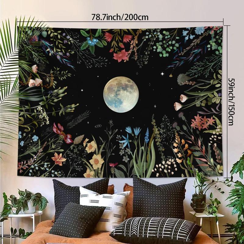 Moonlight Garden Pattern Tapestry, Colorful Floral & Moon Print Tapestry, Wall Hanging Decor for Home Living Room Bedroom, Home Decor