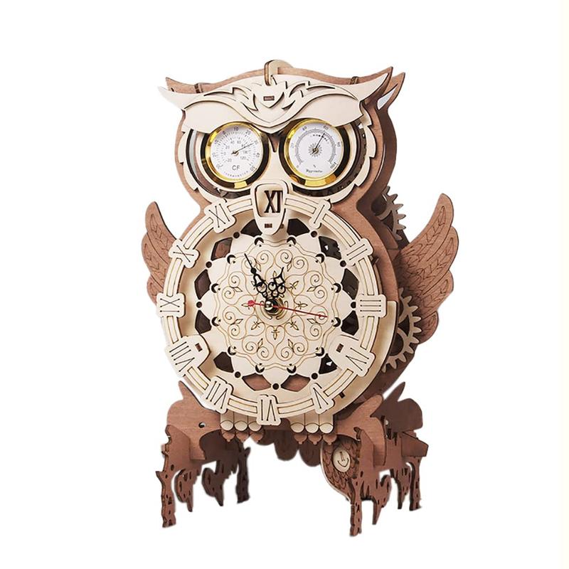 Wooden Owl Design Clock Kit, Creative Wooden Puzzle Clock with Thermometer & Hygrometer, DIY Model Gift for Adults & Teenager, Creative Home Decoration Gifts