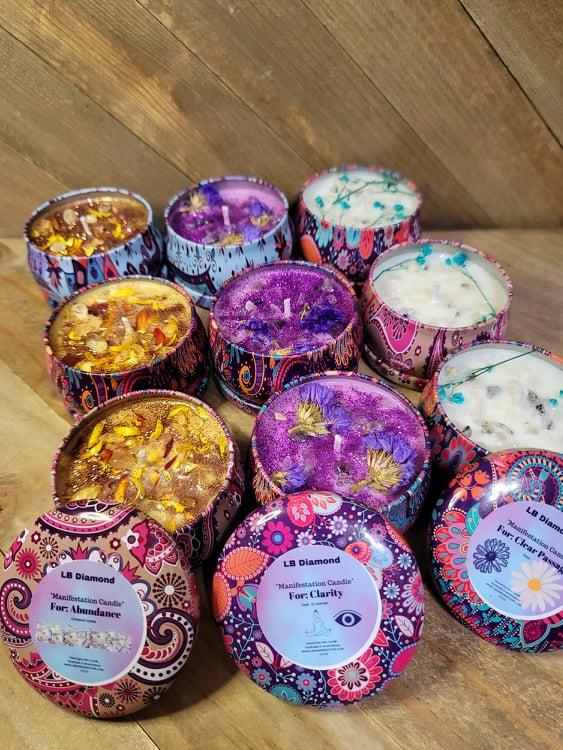 Manifestation Candles For Love, Abundance, Clarity, Spiritual Cleanse, Healing, reiki energy, herbs, and organic soy Wax Colorful Decor