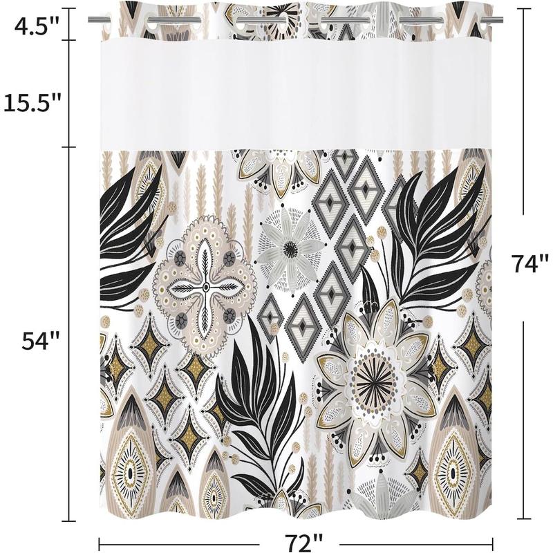 No Hooks Needed Boho Floral Shower Curtain Set with Snap-in Liner, Modern Abstract Flower Fabric Cloth Shower Curtain for Rustic Vintage Hotel Spa Bathroom Decor, 72 x 74