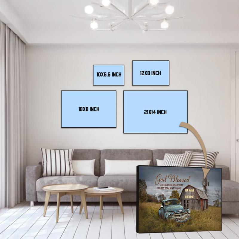 C04 Custom Canvas Prints Anniversary Wedding Gift,The God Blessed-Cyan Chevrolet-The Broken Road Old Truck and Barn Personalized Wedding Canvas - Custom Couple Name, Date Decor Matte