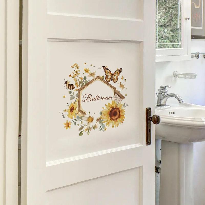 Floral & Butterfly Pattern Bathroom Door Sticker, Self-adhesive Wall Decal, Decorative Sticker for Home Bathroom Bedroom