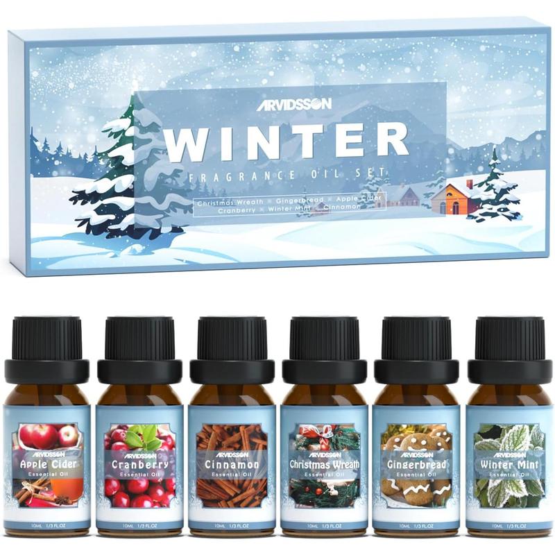 2024Winter Essential Oils Set, ARVIDSSON Holiday Fragrance Oil for Diffuser, Cinnamon, Christmas Wreath, Apple Cider, Gingerbread, Cranberry, Winter Mint Scented Oils for Home