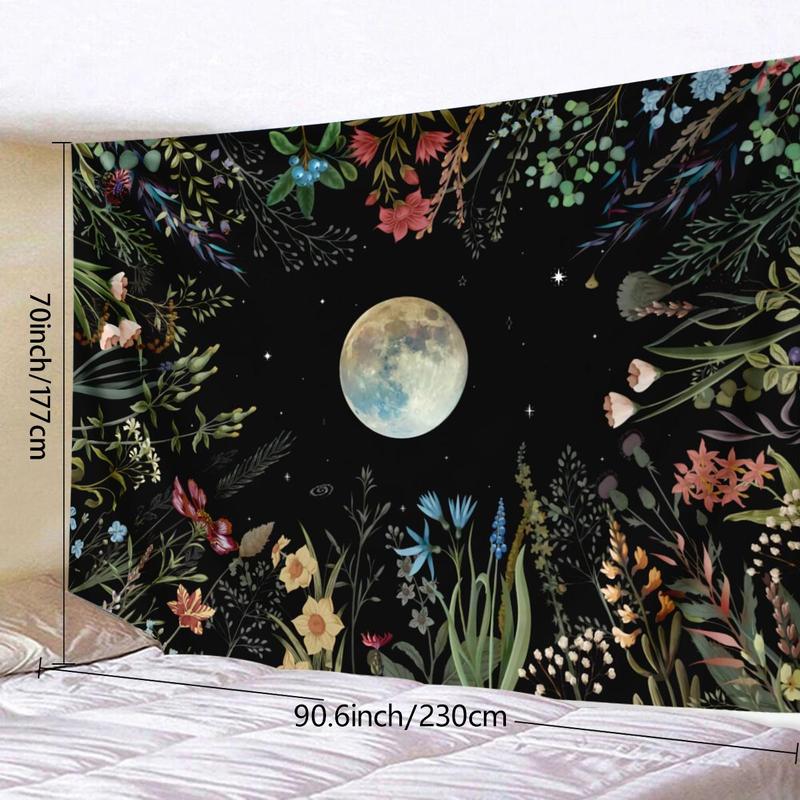 Moonlight Garden Pattern Tapestry, Colorful Floral & Moon Print Tapestry, Wall Hanging Decor for Home Living Room Bedroom, Home Decor