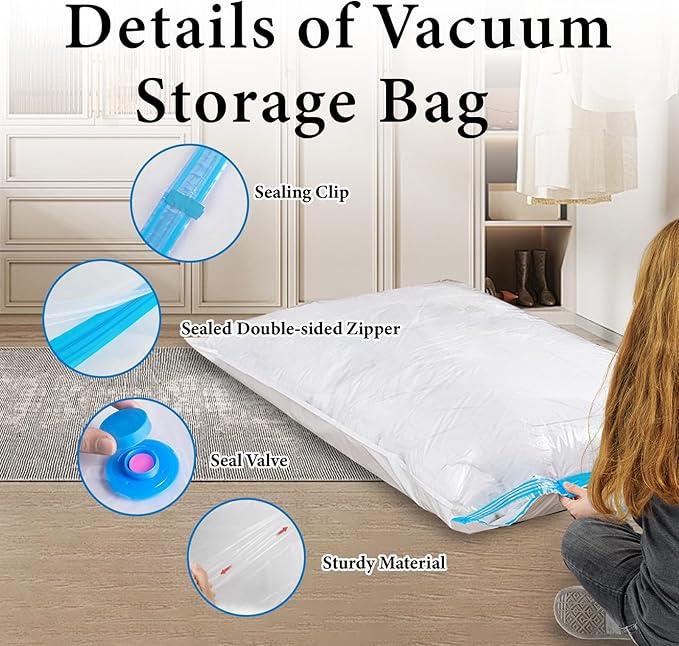 Vacuum Bag with Electric pump, Multi Size Vaccum Clothes Storage  Bag & 1 Pump, Compression for Comforters and Blankets, Sealer Clothes Storage, Bedding Room School, Travel Family Organizers Reusable Waterproof Space Saving