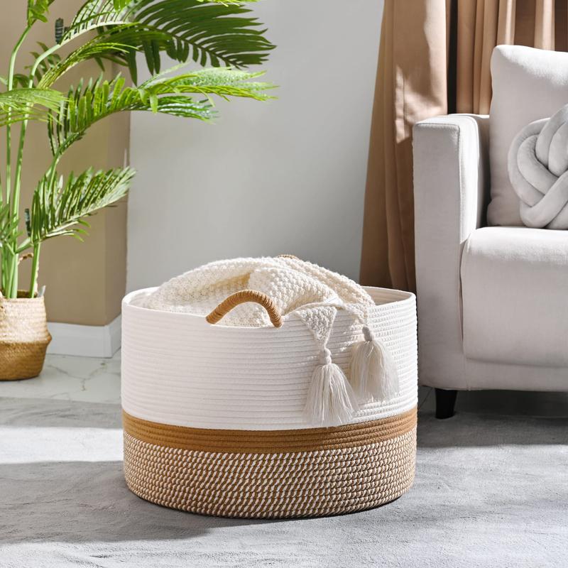 laundry hampers,xxxlarge cotton extra large laundry basket Organiser,Large Blanket Basket,Cotton Rope Blanket Basket for Living Room,Nursery,Pillows,Baby Toy chest (White Brown)