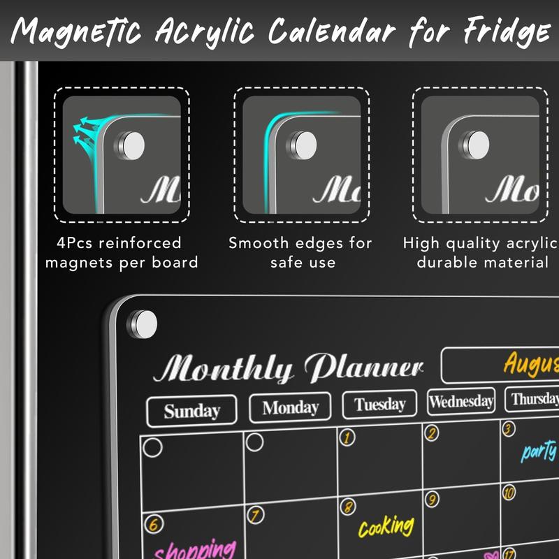 DIYMAG 4Pcs Acrylic Magnetic Dry Erase Calendar for Fridge, Clear Acrylic Calendar Planning Board Set Magnetic Weekly Monthly Planner Menu for Refrigerator with 6 Highlight Markers Transparent Color