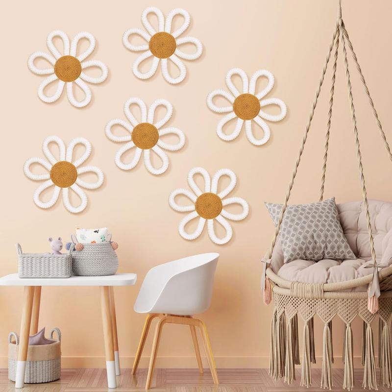 6 count Boho Daisy Flower Wall Art Decor Boho  Wall Art Decor Daisy Flower Woven Macrame Wall Hanging for Home Indoor Decorations  Girls (Classic Color,Yarn and Cotton Rope)