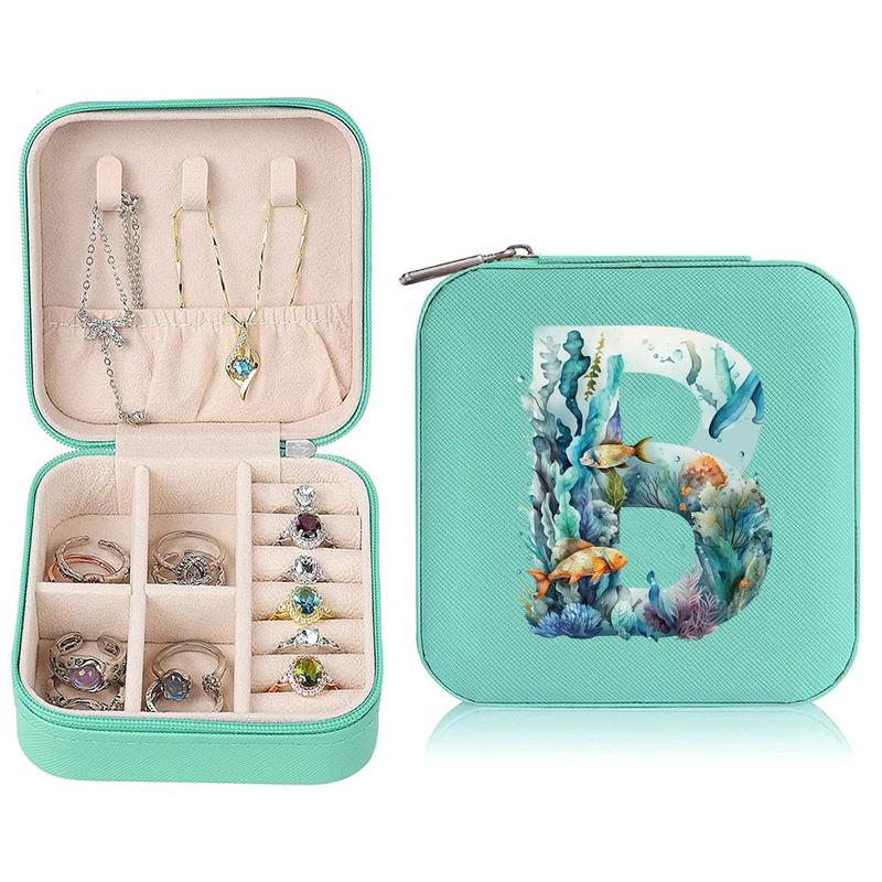 Letter & Sea Life Pattern Jewelry Organizer, 1 Count Portable Travel Jewelry Storage Box, Home Organizer for Necklaces & Accessories