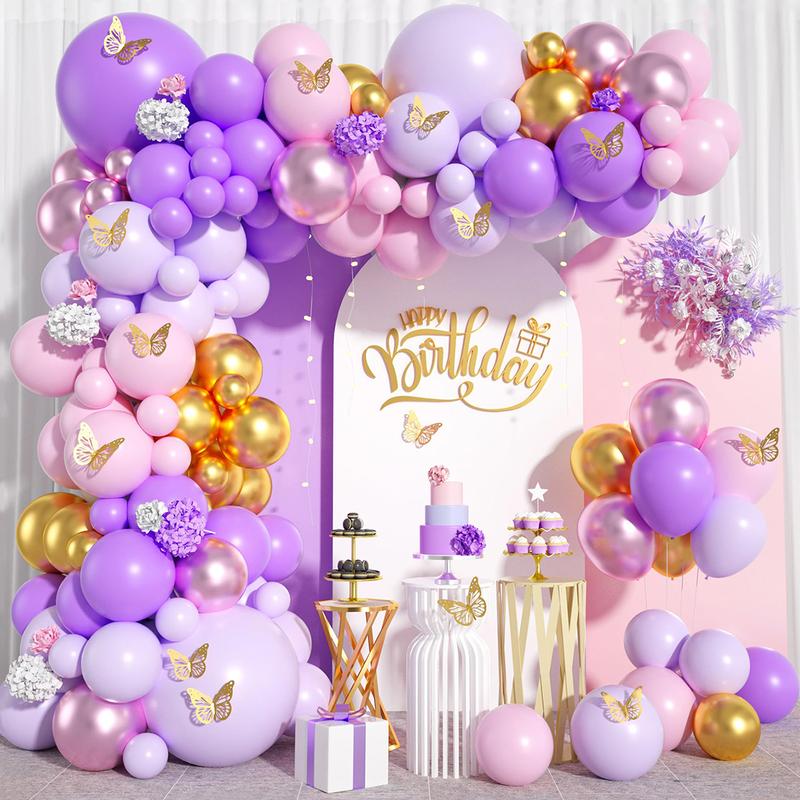 Purple Balloon Garland Arch Kit,112pcs Lilac Gold Latex Balloon,Wedding Birthday Party Balloon Decoration,Butterfly Theme Party Baby Shower Decor Purple Butterfly Balloon Tablecloth Set