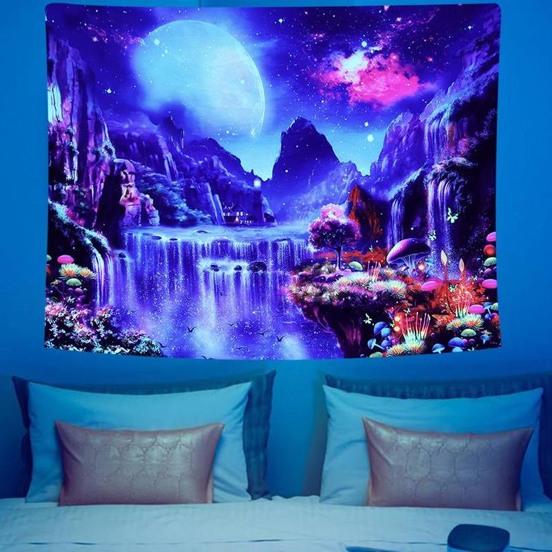 Fluorescent Tapestry, 1 Count Waterfall Scenery Tapestry, Wall Hanging Tapestry for Living Room Bedroom Dorm Room Decor, Party Supplies