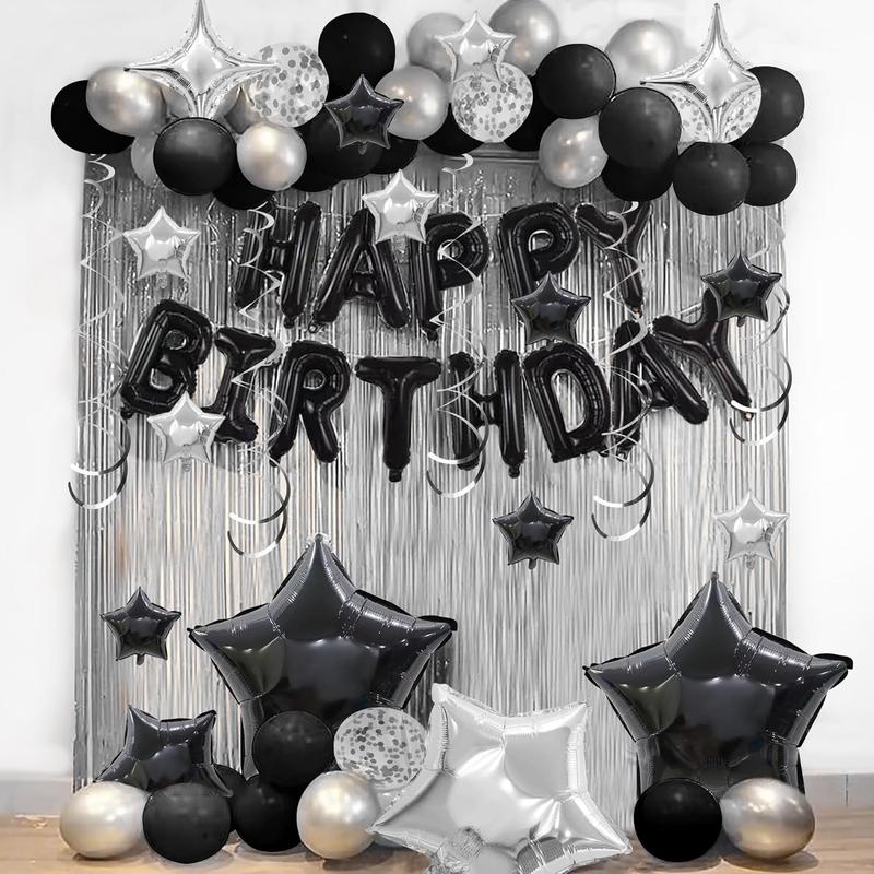 56 PCS Happy Birthday Balloons Happy Birthday Banner Silver and Black Balloons for Boys Men Girls Women 16th 18th 20th 21st 25th 30th 40th 50th 60th Birthday Party Decorations