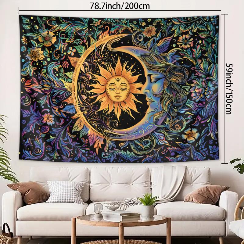 Sun & Moon Pattern Tapestry, 1 Count Boho Style Wall Hanging Tapestry with Free Installation Accessories, Wall Art Decor for Home Living Room Bedroom