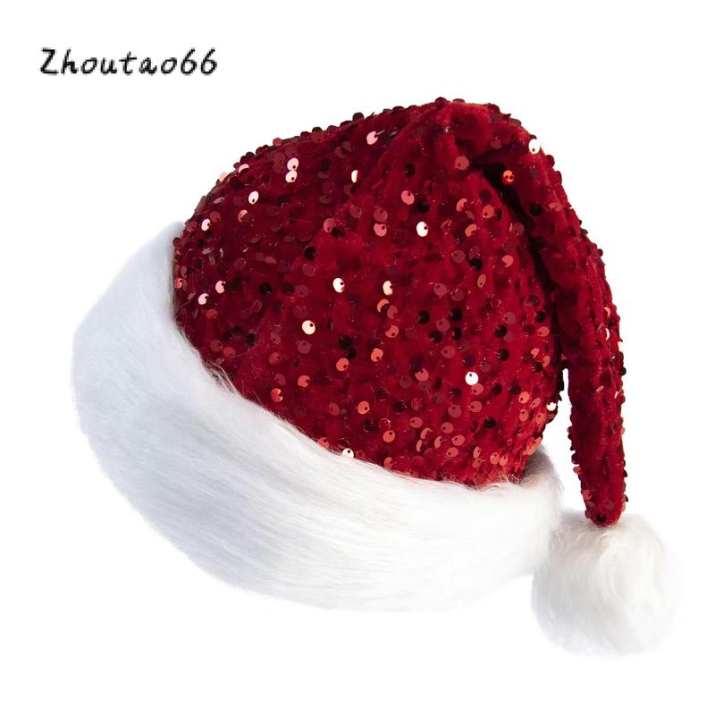 Christmas Santa Hats for Women Thicken Fuzzy Trim Shiny Sequin Caps Winter Christmas Costume Accessories