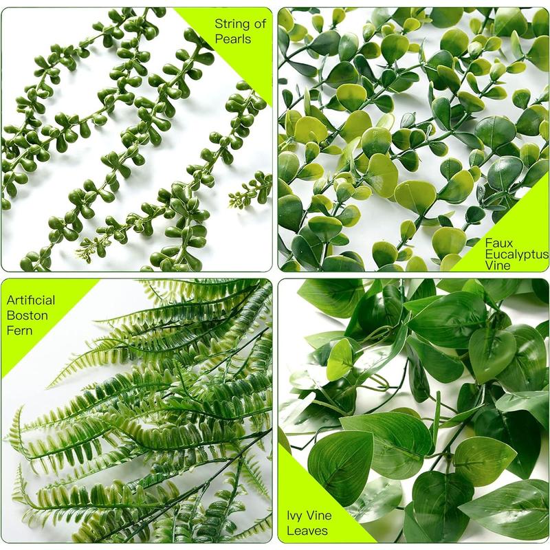 Fake Hanging Plants 4 Pack Artificial Hanging Plants Fake Potted Greenery Faux Eucalyptus Vine String of Pearls Boston Fern Ivy Vine Leaves for Home Indoor Outdoor Shelf Wall Garden Decor