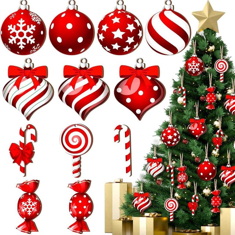 Mixed Color Christmas Tree Decoration, 12pcs set Wooden Christmas Ball & Candy Design Hanging Ornament, Holiday Party Decoration Supplies for Home Party Tree