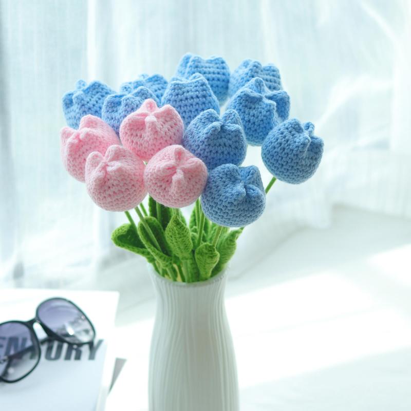 Crochet Tulip, 3 6 Counts Handmade Crochet Tulip Flower, Decorative Flower for Home Living Room & Bedroom & Dining Room & Wedding