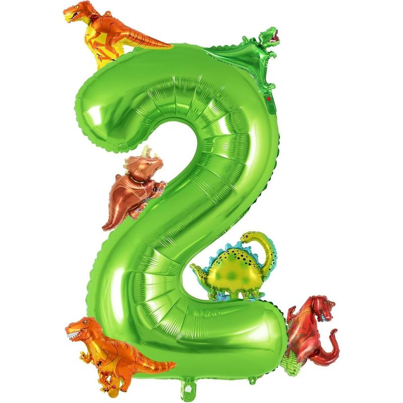 Dinosaur Green Number 2 Balloon, 40 Inch Big Large Foil Helium Green Number Balloon with 6 count Mini Dinosuar, Dinosuar Balloons Set for 2 Year Old Birthday Party Decorations Supplies