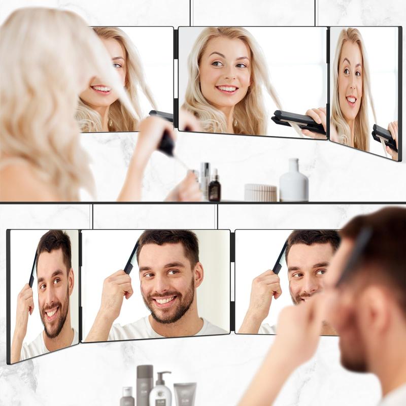 3 Way Mirror for Hair Cutting, Tri-fold Mirror ,Height Adjustable with Two Hold Nails Self Haircut Mirror as a Gift for Men or Women