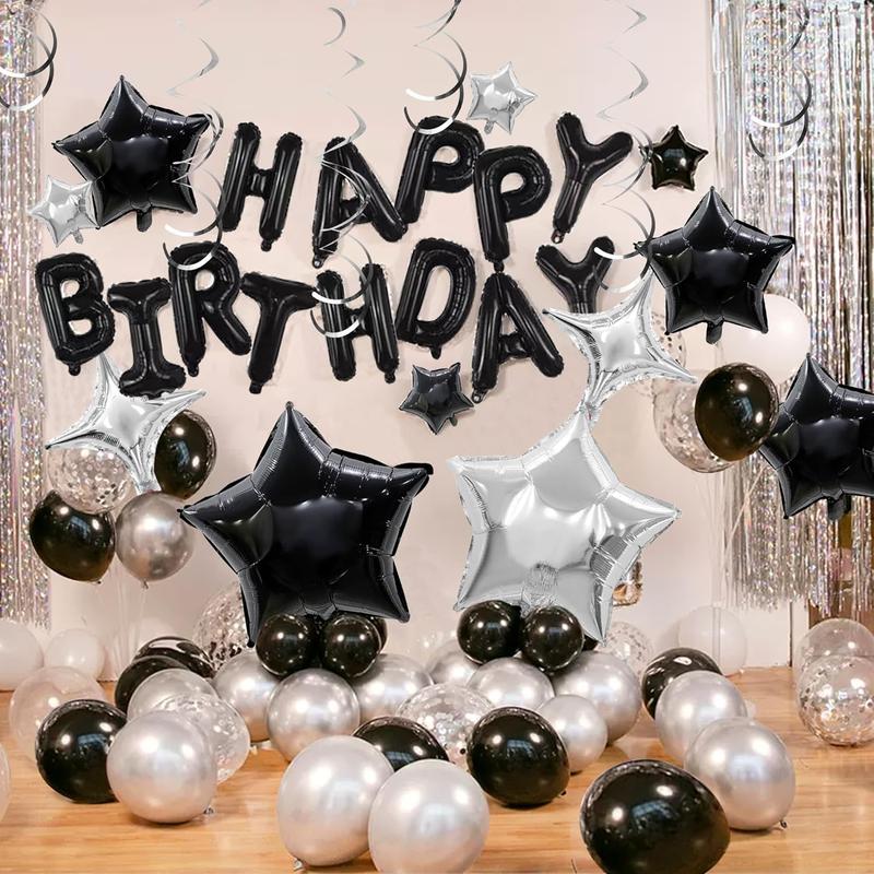 56 PCS Happy Birthday Balloons Happy Birthday Banner Silver and Black Balloons for Boys Men Girls Women 16th 18th 20th 21st 25th 30th 40th 50th 60th Birthday Party Decorations