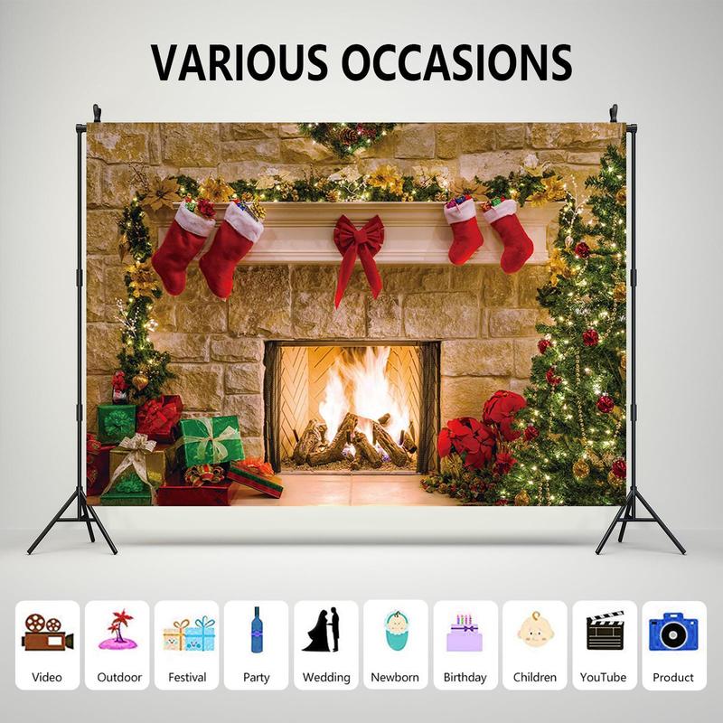 Christmas Fireplace Theme Backdrop, 1 Count Soft Wrinkle Free Fabric Tree Sock Decorations, Photo Background Pictures Banner, Studio Decor Booth Props