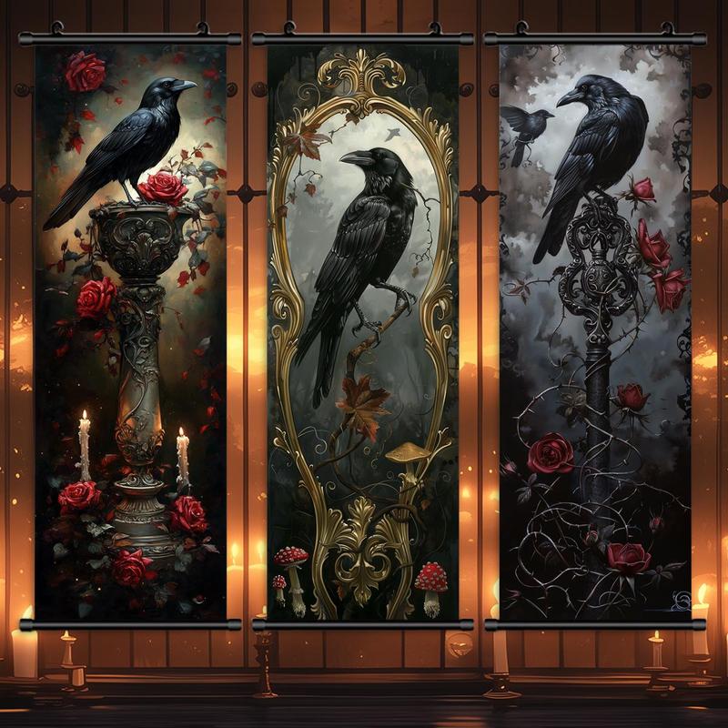 Crow Pattern Wall Hanging Banner, 3 Counts set Creative Horror Poster, Wall Art Decor for Home Living Room Bedroom, Home Decor 2025