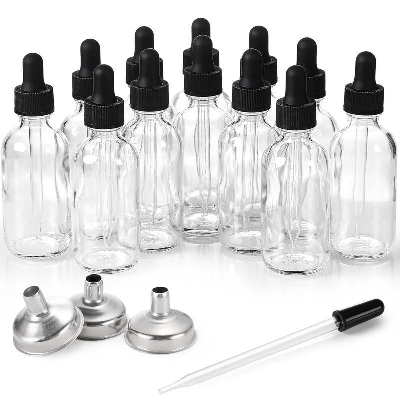 12 Pack, 2 oz Glass Eye Dropper Bottles w  3 Stainless Steel Funnels & 1 Long Pipette Dropper & 24 Labels - 60ml Clear Tincture Bottles for Essential Oils, Liquids - Leakproof Travel Essential Bottles Organiser Canister