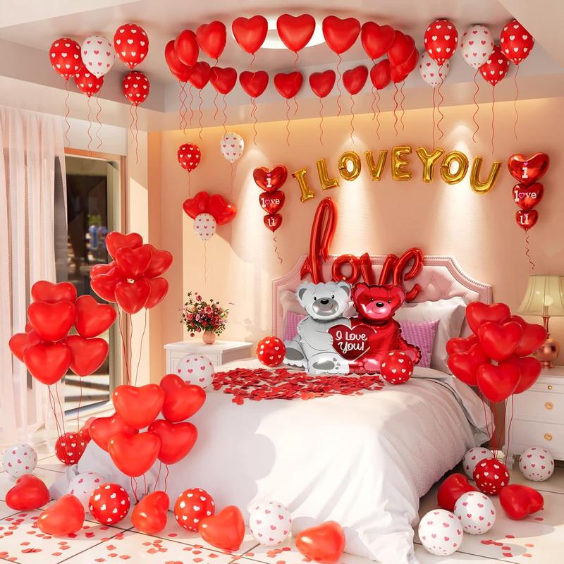 Valentines Day Balloons Decorations I Love You Balloons and Heart Balloons Kit with 1000 count Red Silk Rose Petals Flower Decoration Love-Bear Heart Print Balloons Banner for Valentine Party Decorations