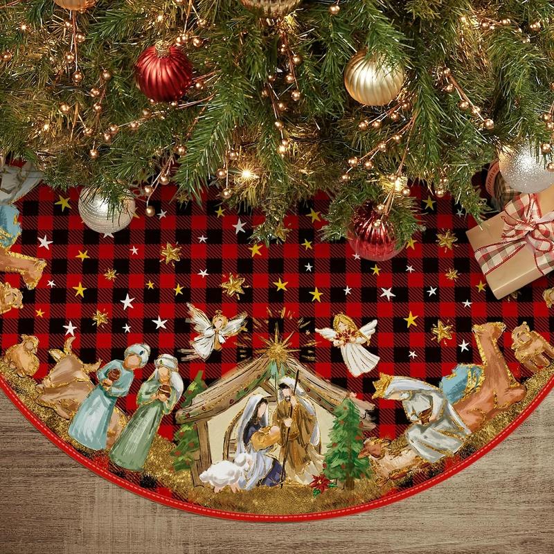 Jesus Birth Scene Themed Christmas Tree Skirt, 1 Count Plaid Pattern Christmas Tree Mat, Holiday Party Decoration for Home Garden