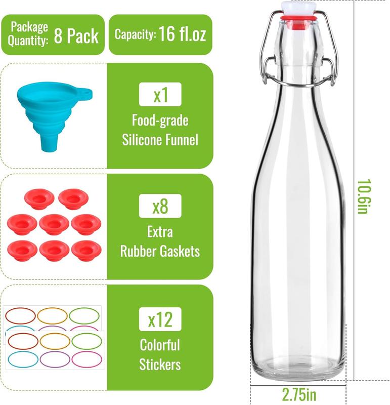 8 Pack 16 oz Swing Top Glass Bottles, Flip Top Brewing Bottles with Airtight Rubber Seal Flip Caps for Kombucha, Beverages, Oil, Beer, Kefir, Vinegar, Wine