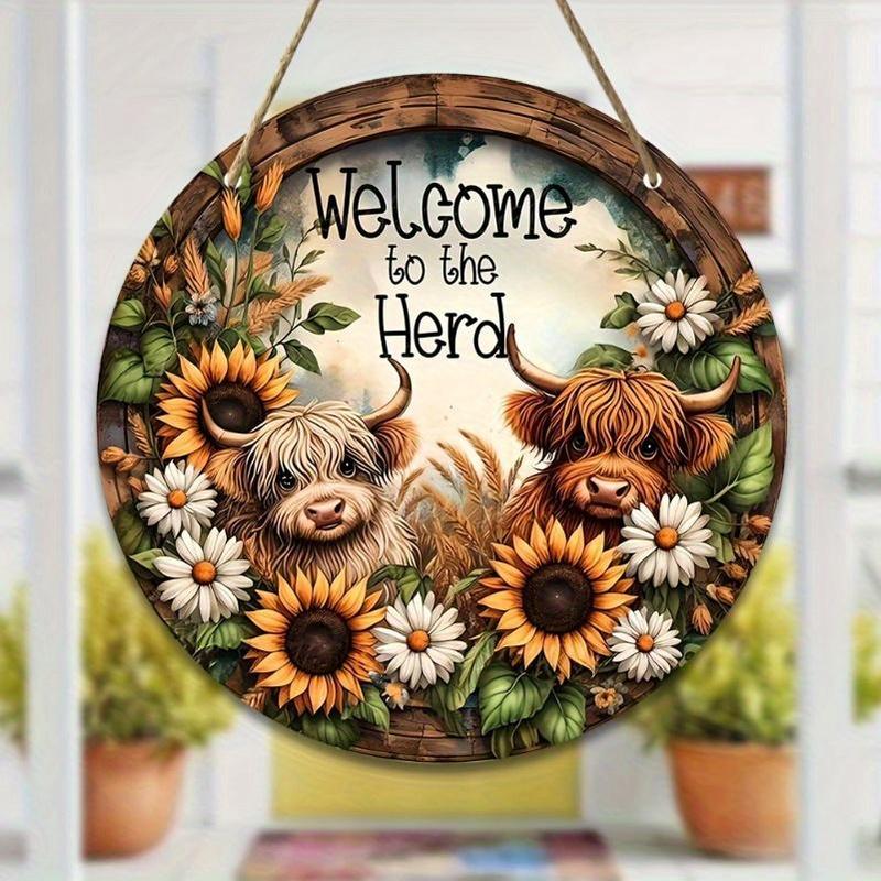 Highland Cow Pattern Welcome Sign, Round Sunflowers Hanging Door Sign, Wall Decor for Home Cafe Farmhouse Classroom Window Door Porch Garden