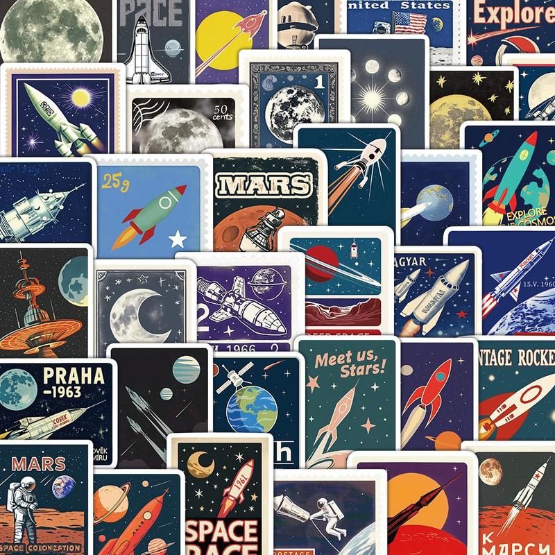 Space Travel Themed Sticker, 50pcs set Cartoon Creative Sticker, DIY Decorative Sticker for Stationery & Computer & Water Bottle