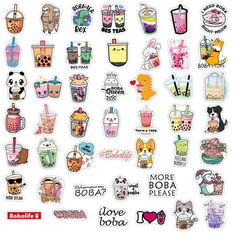 50pcs Cartoon Milk Tea Pattern Assorted Sticker, Graffiti Waterproof Decoration Sticker, DIY Decorative Sticker For Water Cup, Phone, Computer, Stationery, Scrapbooking