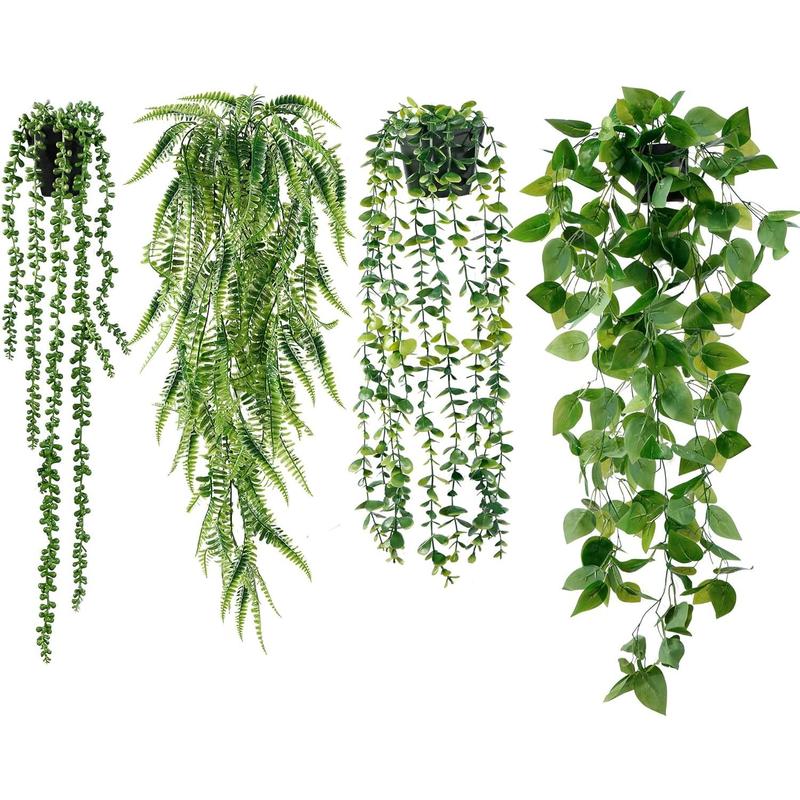 Fake Hanging Plants 4 Pack Artificial Hanging Plants Fake Potted Greenery Faux Eucalyptus Vine String of Pearls Boston Fern Ivy Vine Leaves for Home Indoor Outdoor Shelf Wall Garden Decor