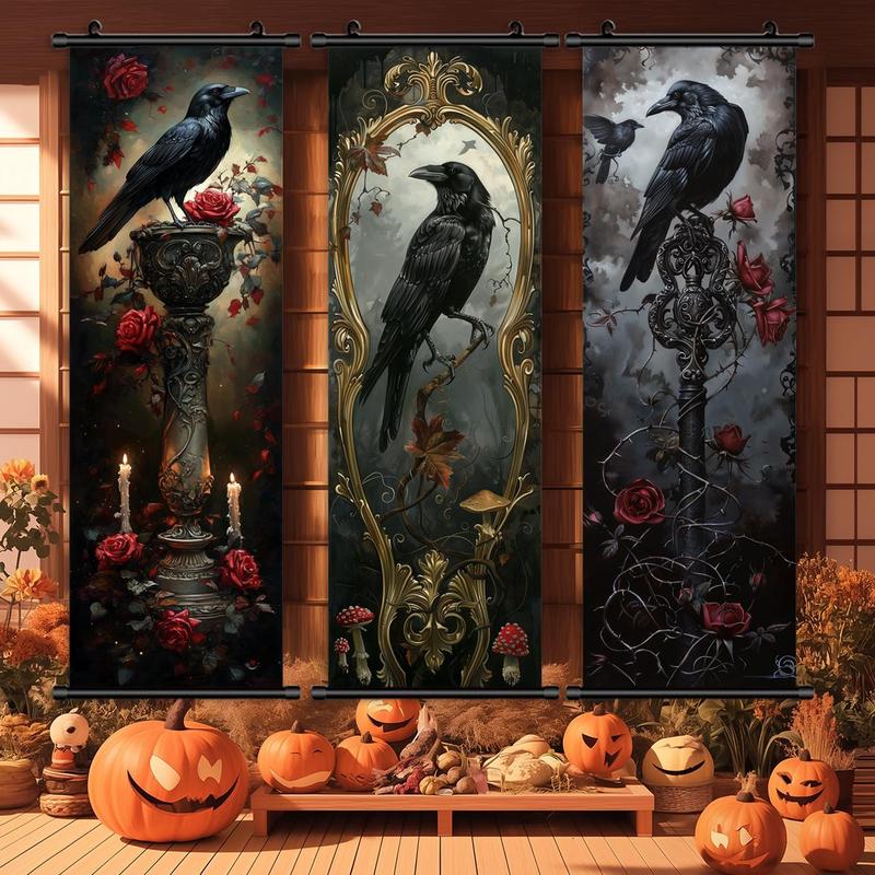 Crow Pattern Wall Hanging Banner, 3 Counts set Creative Horror Poster, Wall Art Decor for Home Living Room Bedroom, Home Decor 2025