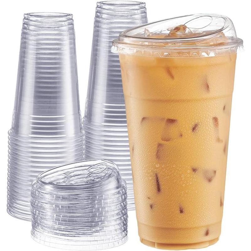 [24 oz. - 100 Count Crystal Clear Plastic Cups With Strawless Sip-Lids, Disposable Iced Coffee Cups with Lids - Ideal for Cold Beverages, and To-Go Drinks